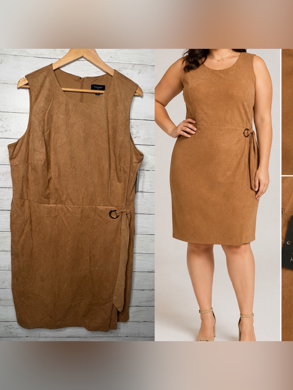 Tahari ASL Faux Suede Wrap Sheath Dress Size 18W Tawny Brown Sleeveless NWT
